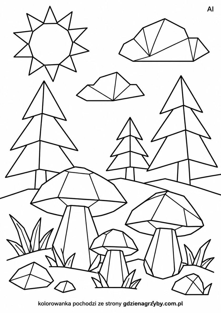 Origami - papierowy las - czarne kontury na białym tle do kolorowania