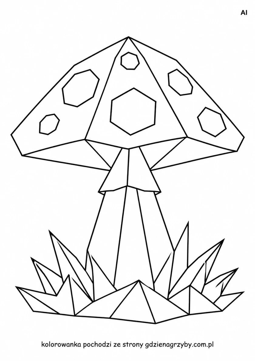Origami - muchomorek - czarne kontury na białym tle do kolorowania
