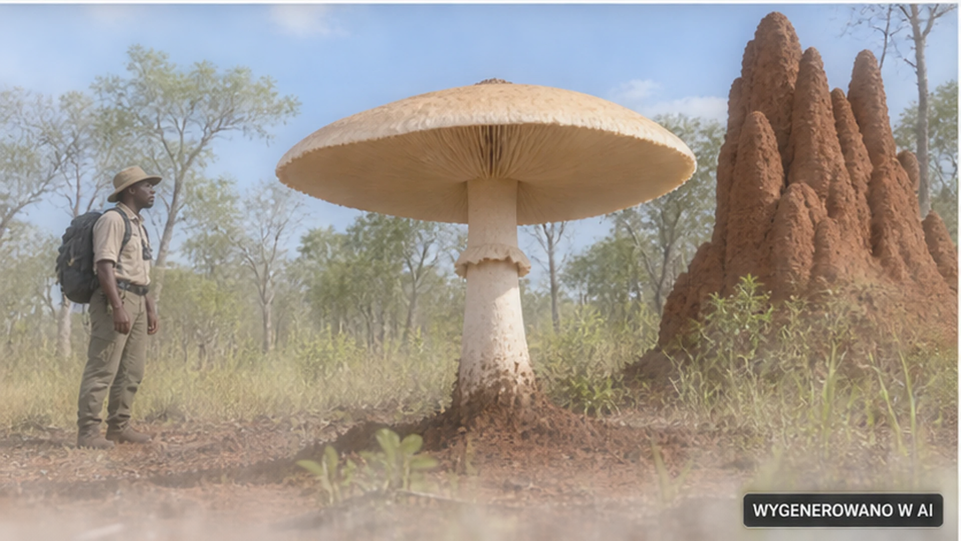Ogromny Termitomyces titanicus obok człowieka dla pokazania skali